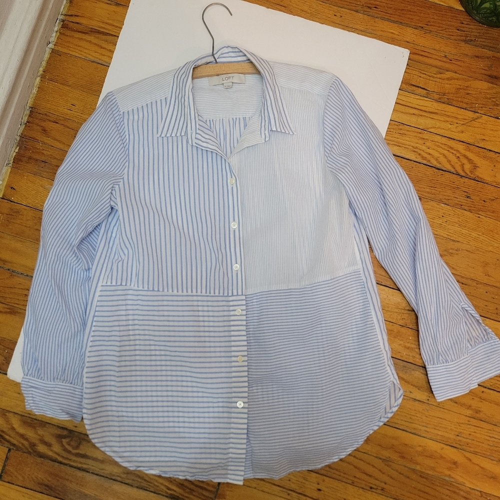 NWOT‎ LOFT Lt Blue Patchwork Striped Collar Relaxed Fit Top Preppy Cottagecore